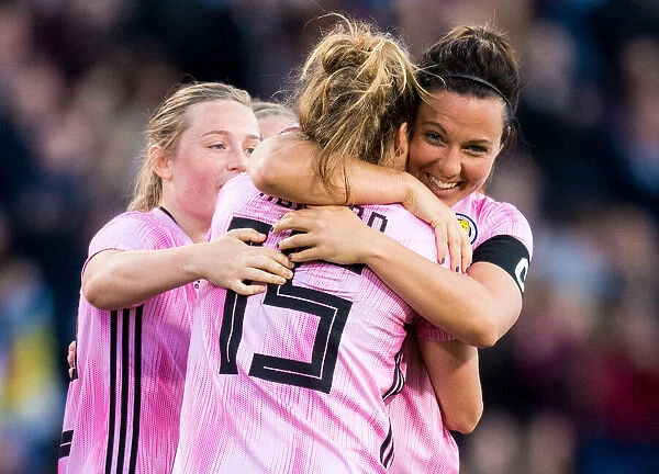 Scotland Women's Team (3-2) Defeats Jamaica Women in 2019 International Friendly at Hampden Park, Glasgow - Rachel Corsie and Sophie Howard Celebrate