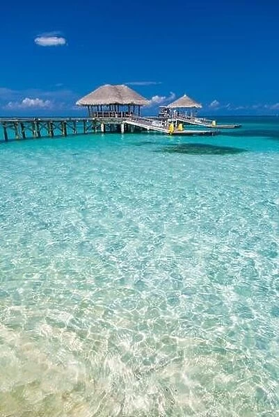 Tropical beach with water bungalows on the Maldives, amazing sea lagoon and seascape background. Exotic travel destination background