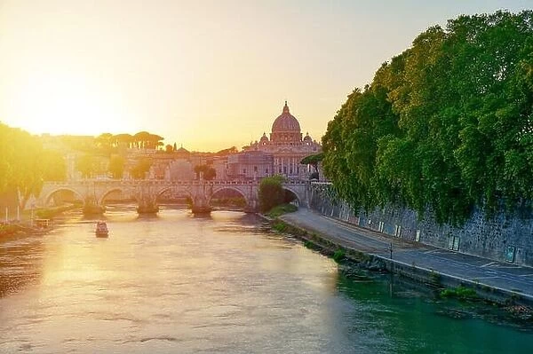 Wonderful view of St Peter Cathedral, Rome, Italy. Sunset light